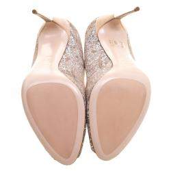 Sebastian Beige Lace and Silver Glitter Peep Toe Pumps Size 40