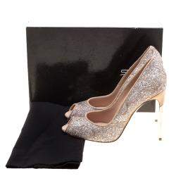 Sebastian Beige Lace and Silver Glitter Peep Toe Pumps Size 40