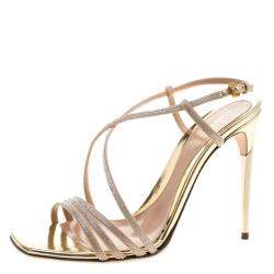 Sebastian Beige Crystal Embellished Suede Cross Strap Open Toe Sandals Size 39