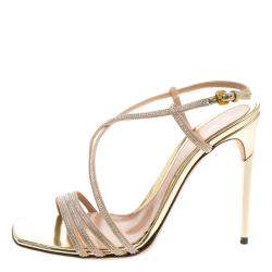 Sebastian Beige Crystal Embellished Suede Cross Strap Open Toe Sandals Size 39
