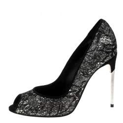 Sebastian Black Lace and Silver Glitter Peep Toe Pumps Size 37