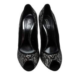 Sebastian Black Lace and Silver Glitter Peep Toe Pumps Size 37
