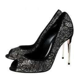 Sebastian Black Lace and Silver Glitter Peep Toe Pumps Size 37