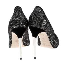 Sebastian Black Lace and Silver Glitter Peep Toe Pumps Size 37