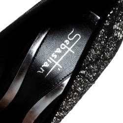 Sebastian Black Lace and Silver Glitter Peep Toe Pumps Size 37