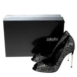 Sebastian Black Lace and Silver Glitter Peep Toe Pumps Size 37