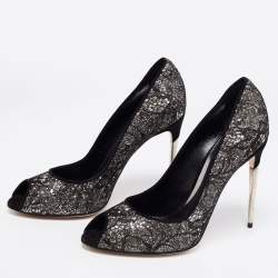 Sebastian Black Lace And Glitter Peep Toe Pumps Size 40
