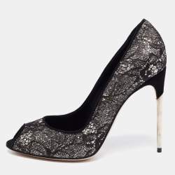 Sebastian Black Lace And Glitter Peep Toe Pumps Size 40