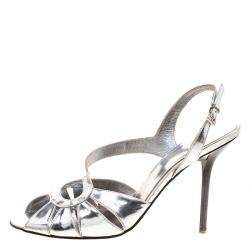 Sebastian Metallic Silver Leather Slingback Sandals Size 36.5