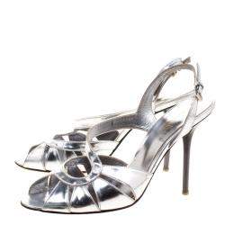 Sebastian Metallic Silver Leather Slingback Sandals Size 36.5