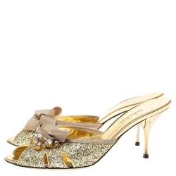 Sebastian Gold Glitter Bow Peep Toe Sandals Size 40