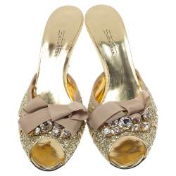 Sebastian Gold Glitter Bow Peep Toe Sandals Size 40
