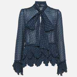 Pre Owned See by Chloe Navy Blue Printed Crepe Asymmetric Plisse Blouse M