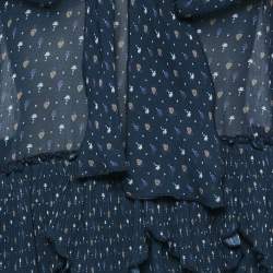 Pre Owned See by Chloe Navy Blue Printed Crepe Asymmetric Plisse Blouse M