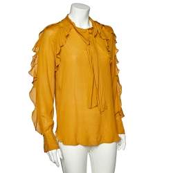 Pre Owned توب سي باي كلوي مكشكش تفاصيل ربطة رقبة شيفون حرير أصفر مسطردة مقاس متوسط