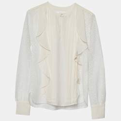 Pre Owned See by Chloe White Lace & Silk Paneled Ruffle Detail Blouse S 