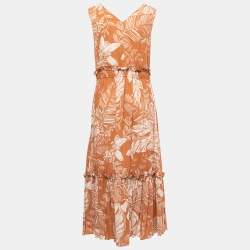 مملوكة مسبقًا See by Chloe Brown/Beige Printed Cotton Blend Drawstring Maxi Dress M