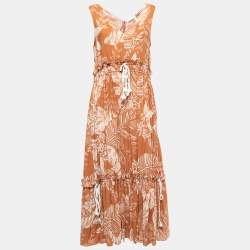 مملوكة مسبقًا See by Chloe Brown/Beige Printed Cotton Blend Drawstring Maxi Dress M