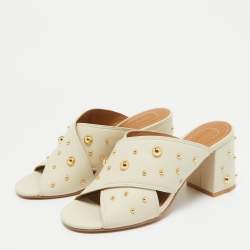 See by Chloe Grey Leather Studded Accents Block Heel Slides Size 38