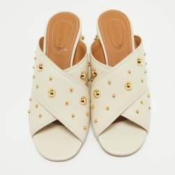 See by Chloe Grey Leather Studded Accents Block Heel Slides Size 38