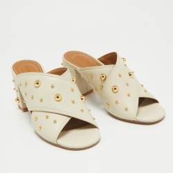 See by Chloe Grey Leather Studded Accents Block Heel Slides Size 38