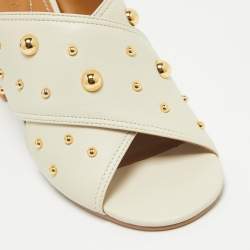 See by Chloe Grey Leather Studded Accents Block Heel Slides Size 38