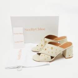 See by Chloe Grey Leather Studded Accents Block Heel Slides Size 38