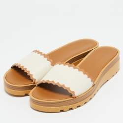 See by Chloe Off White/Tan Leather Platform Slide Sandals Size 42
