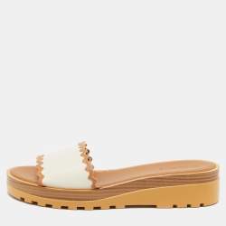 See by Chloe Off White/Tan Leather Platform Slide Sandals Size 42