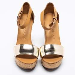 مملوكة مسبقًا See by Chloe Metallic Gold/Brown Leather Cork Wedge Ankle Strap Sandals Size 36