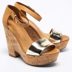 مملوكة مسبقًا See by Chloe Metallic Gold/Brown Leather Cork Wedge Ankle Strap Sandals Size 36