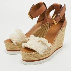 Pre Owned See By Chloe White/Brown Canvas and Leather Espadrille Wedge Sandals Size 36