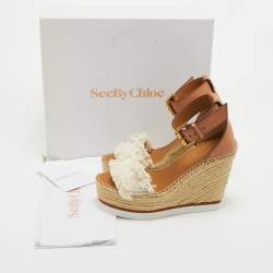 Pre Owned See By Chloe White/Brown Canvas and Leather Espadrille Wedge Sandals Size 36