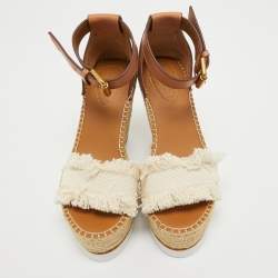 Pre Owned See By Chloe White/Brown Canvas and Leather Espadrille Wedge Sandals Size 36