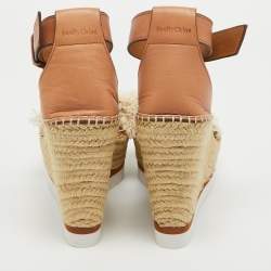 Pre Owned See By Chloe White/Brown Canvas and Leather Espadrille Wedge Sandals Size 36