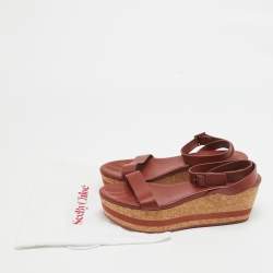 See by Chloe Brown Leather Cork Wedge Platform Ankle Strap Sandals Size 39.5