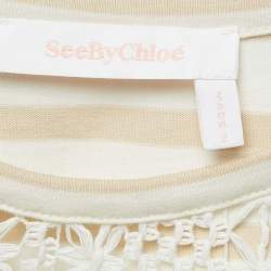 Pre Owned See by Chloe Beige Crochet Trim Stripe Cotton T-Shirt XS