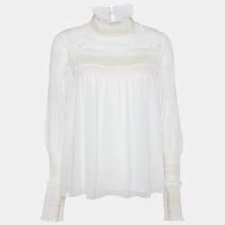 See by Chloe Natural White Sheer Crepe Smocked Blouse S