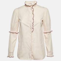 Pre Owned See by Chloe Beige Striped Cotton Ruffled Trim Shirt S
