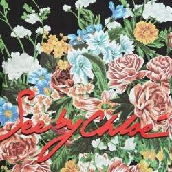 Pre Owned See by Chloe Black Floral Print Cotton Crew Neck T-Shirt S 