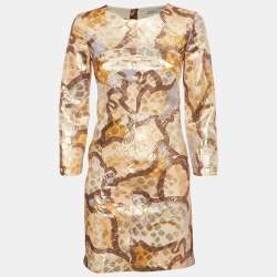 Pre Owned See by Chloe Jacquard Gold Full Sleeve Mini Dress S 