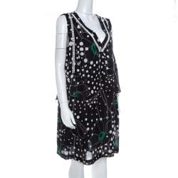 Pre Owned See by Chloe Black Floral and Dot Print Linen Blend Layered Sleeveless Dress M