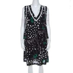 Pre Owned See by Chloe Black Floral and Dot Print Linen Blend Layered Sleeveless Dress M