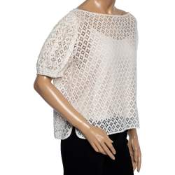 مملوكة مسبقًا See by Chloe Cream Boat Neck Floral Lace Top L