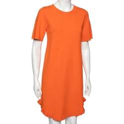 Pre Owned See by Chloe Orange Stretch Knit Ruffle Trimmed Mini Dress S