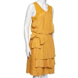 Pre Owned See by Chloe Yellow Knit & Plisse Overlay Detail Sleeveless Mini Dress L