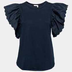 Pre Owned See by Chloe Navy Blue Cotton Ruffled Sleeve T-Shirt M