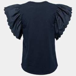 Pre Owned See by Chloe Navy Blue Cotton Ruffled Sleeve T-Shirt M