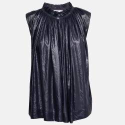 Pre Owned توب سي باي كلوي خامة صناعية أزرق كحلي بكشككشة وأزرار أمامية مقاس متوسط - ميديوم