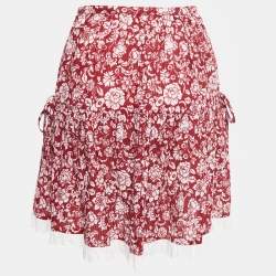 Pre Owned See by Chloe Red Floral Printed Cotton Lace Trimmed Mini Skirt S